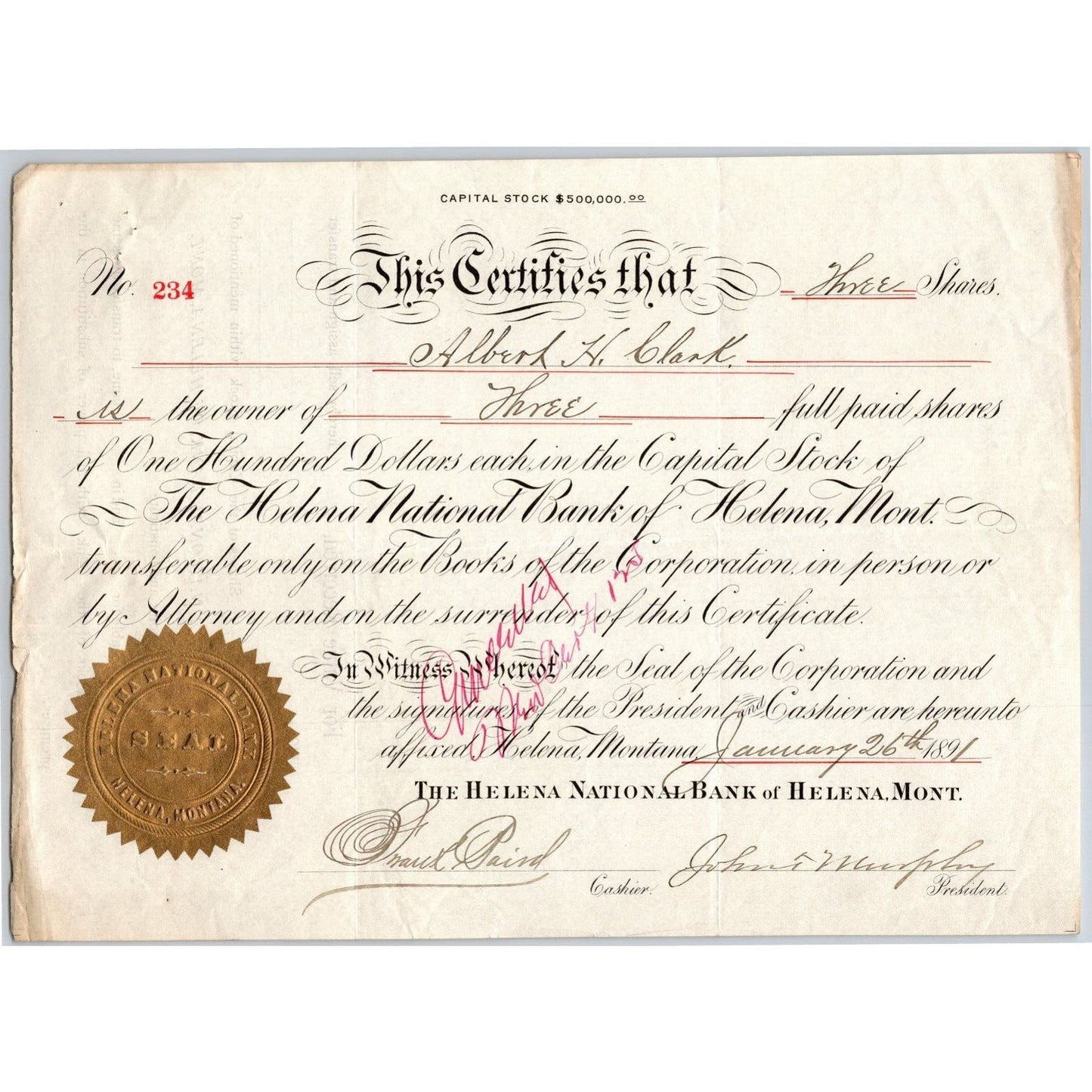 Helena National Bank, Montana 1891 Stock Certificate Cert# 234 for 3 Shares