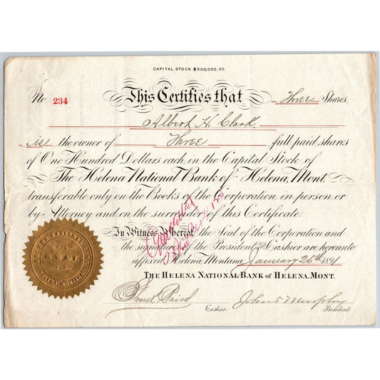 Helena National Bank, Montana 1891 Stock Certificate Cert# 234 for 3 Shares