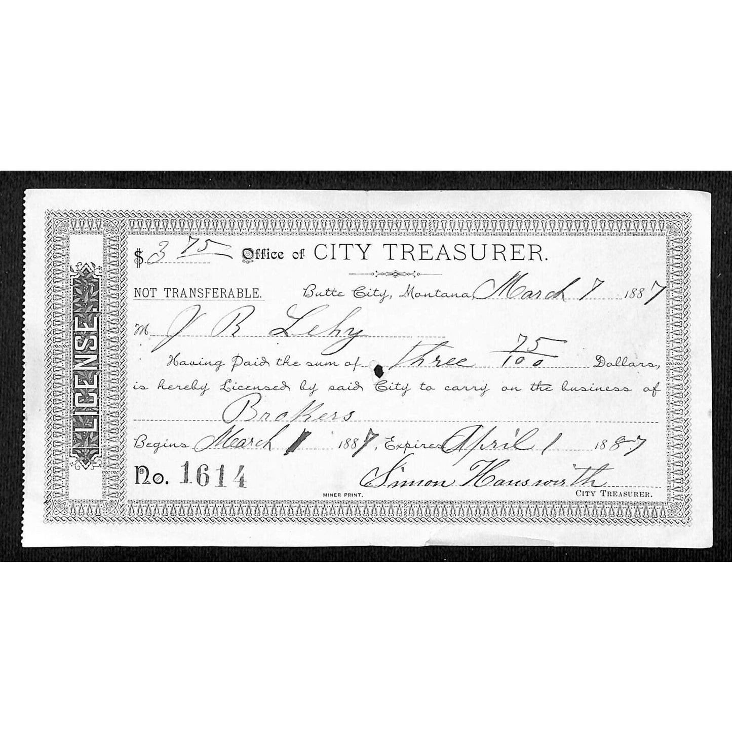 Butte City Montana City 1887 Treasurer "Broker" Business License Receipt