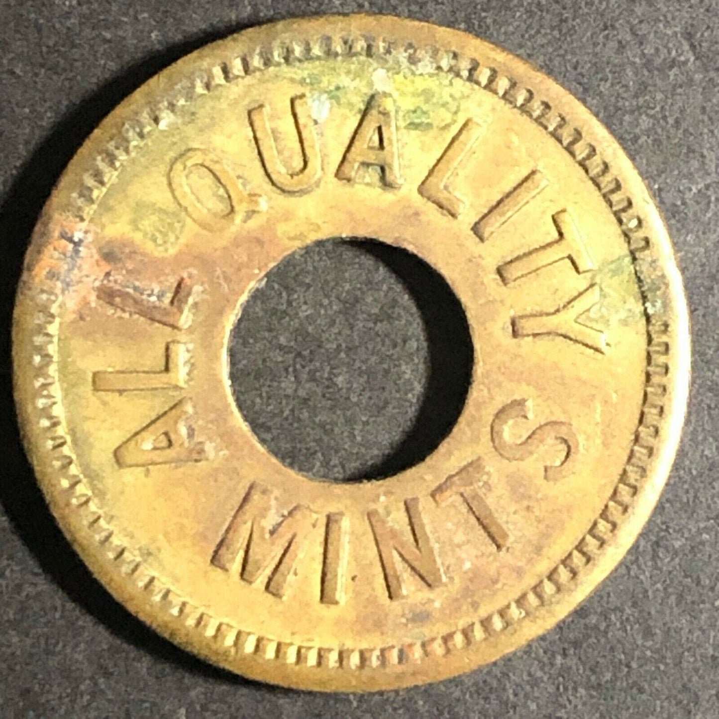 Vintage 21mm Brass "All Quality Mints - This Token Has No Value" Donut Token