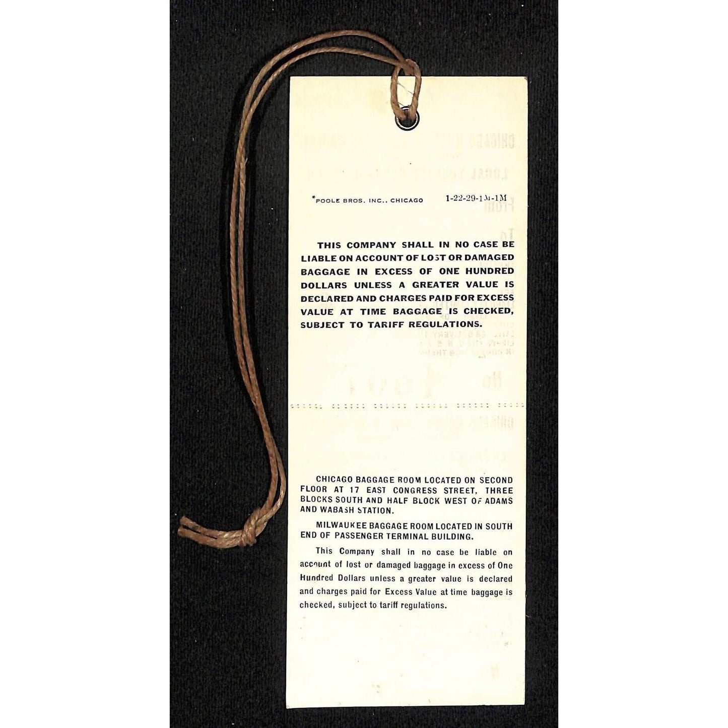 Chicago North Shore & Milwaukee Railway c1929 "Theatre Baggage Check" Tag NOS