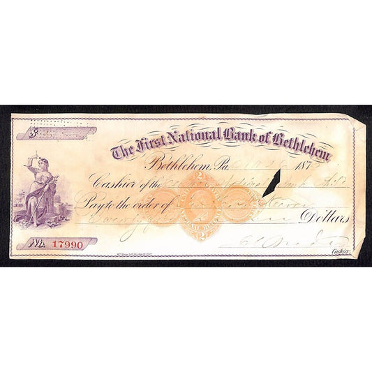 Bethlehem, PA 1873 First National Bank Check #17990 Vignette & Tax Stamp