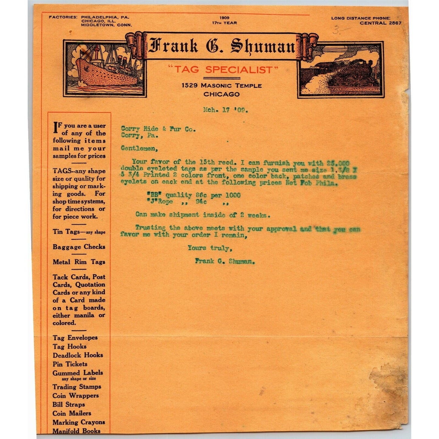 Frank G. Shuman 1909 Letterhead Chicago "Tag Specialist" Baggage Checks Gum Wrap