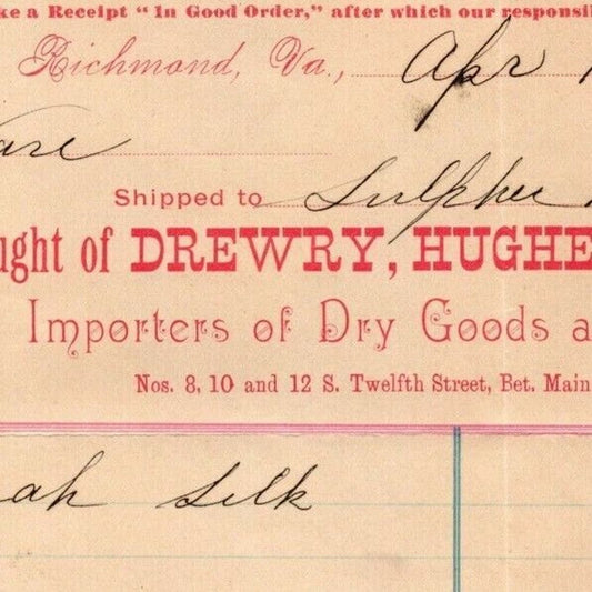Drewry, Hughes Co. Dry Goods Notions Richmond, VA Letterhead o Geo. E. Wear 1892