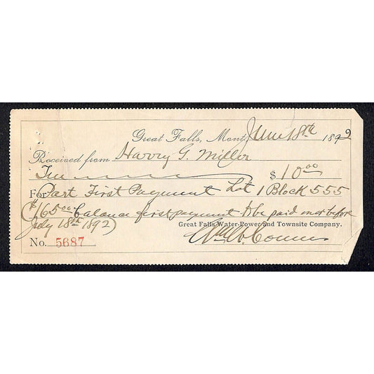 Great Falls Montana Water-Power and Townsite Co. Receipt 1892
