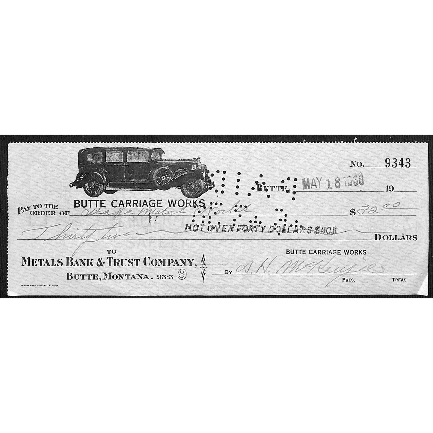 Butte Carriage Works Montana (Utah Metal Works?)1938 Bank Check w/Automobile Art