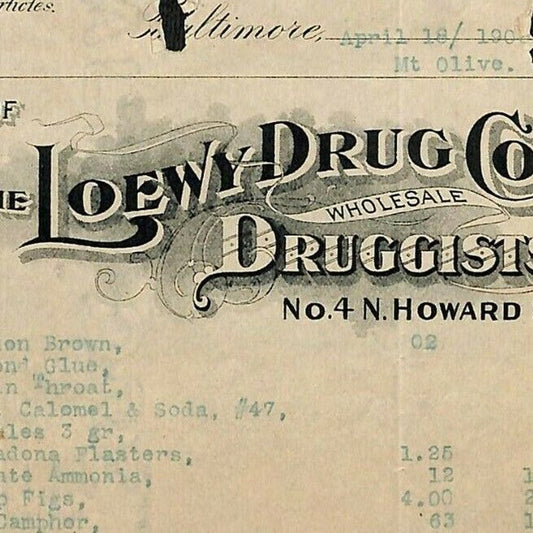 1900 Scarce Letterhead Loewy Drug Co. Wholesale Druggists Baltimore E. Baker*