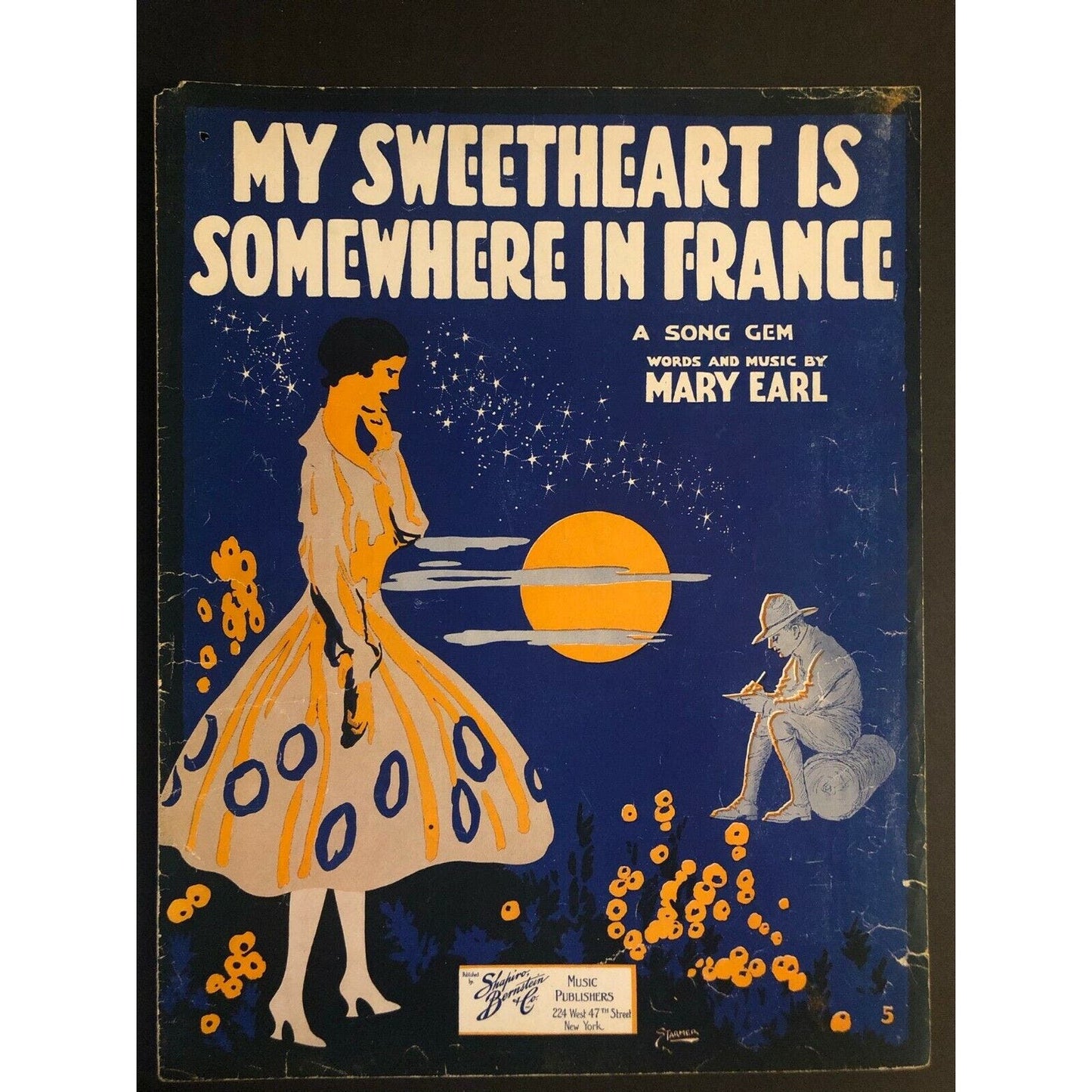 Vintage WWI Sheet Music "My Sweetheart is Somewhere in France" Moon and Stars