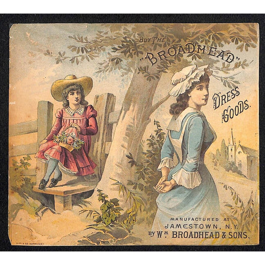 Broadhead Dress Goods Jamestown, NY Lg Victorian Trade Card Girls Outdoors