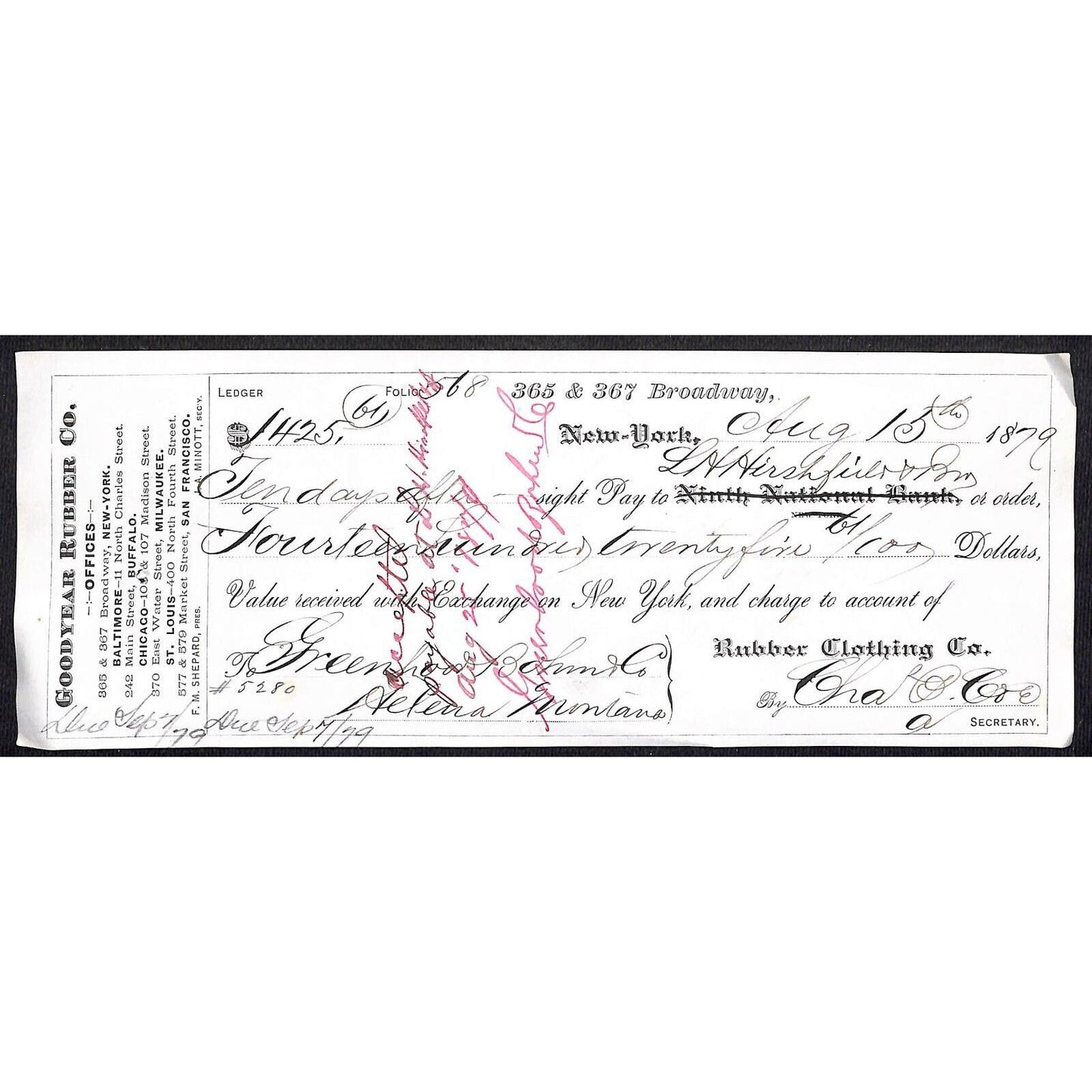 1879 Goodyear Rubber Co. NY / Greenhood Bohm & Co (Clothiers) Bank Check -Scarce