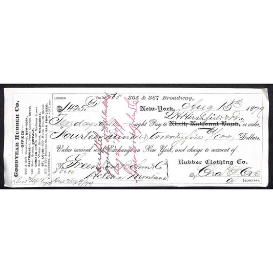 1879 Goodyear Rubber Co. NY / Greenhood Bohm & Co (Clothiers) Bank Check -Scarce