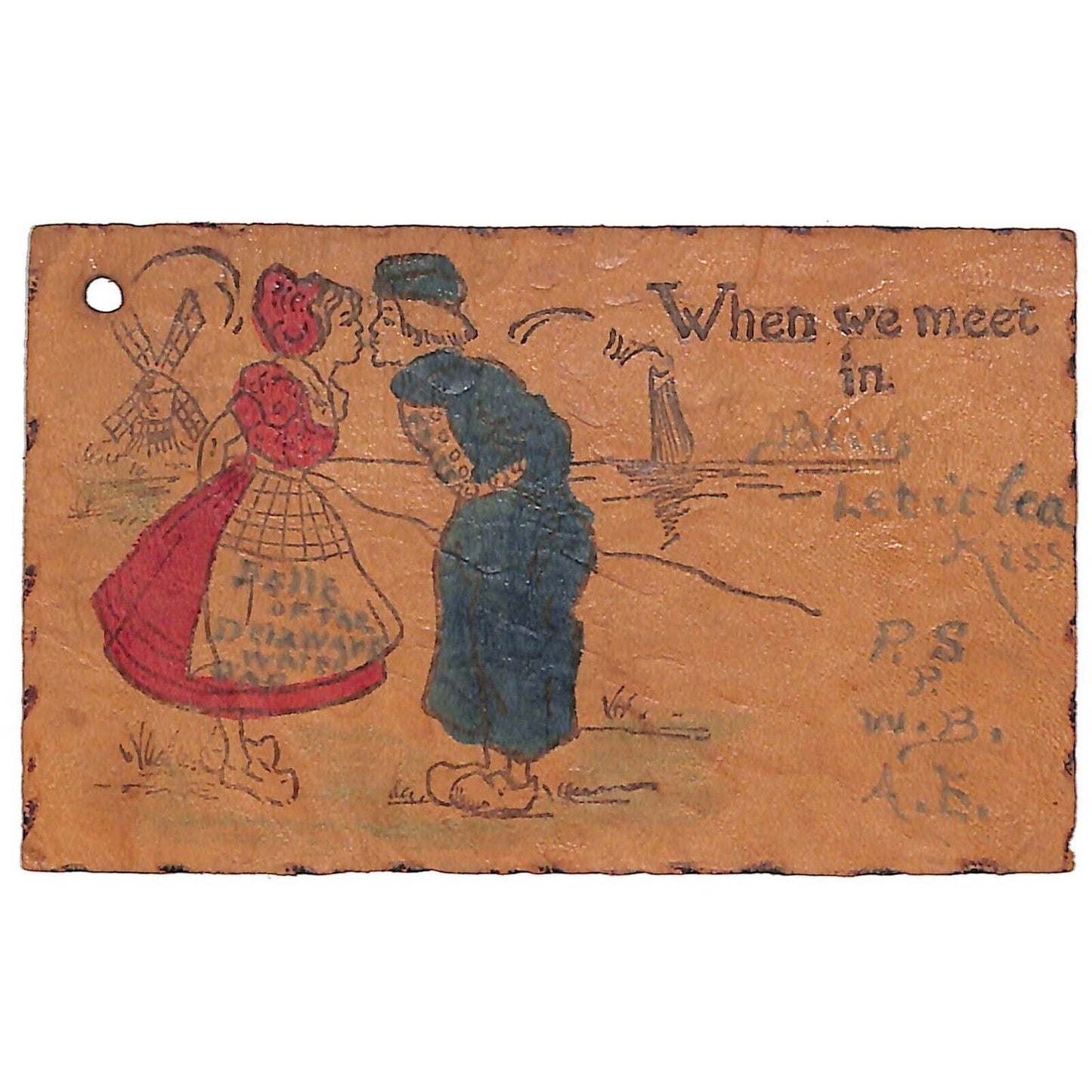Funny Leather Postcard "Where We Meet In ____" Dutch Couple Kiss Windmill