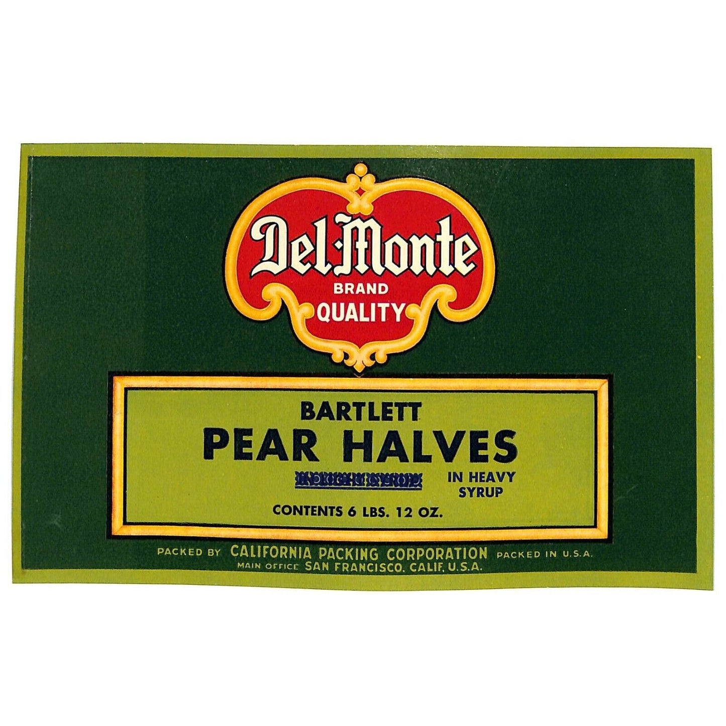 1945 Paper Can Label Del Monte Brand Bartlett Pear Halves Heavy Syrup VGC