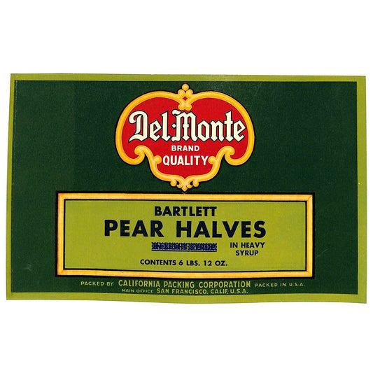 1945 Paper Can Label Del Monte Brand Bartlett Pear Halves Heavy Syrup VGC