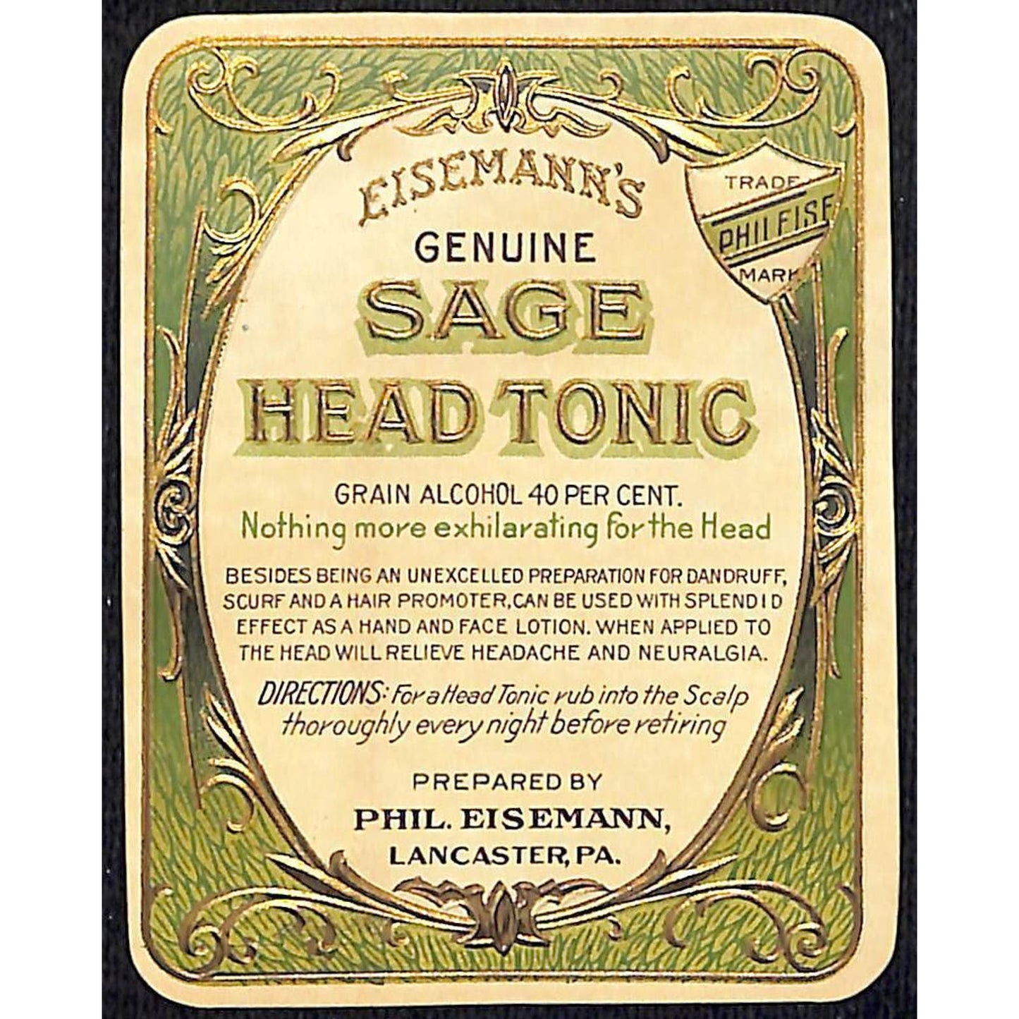 Eisemann's Genuine Sage Head Tonic Paper Label Lancaster NOS Gilt & Embossed