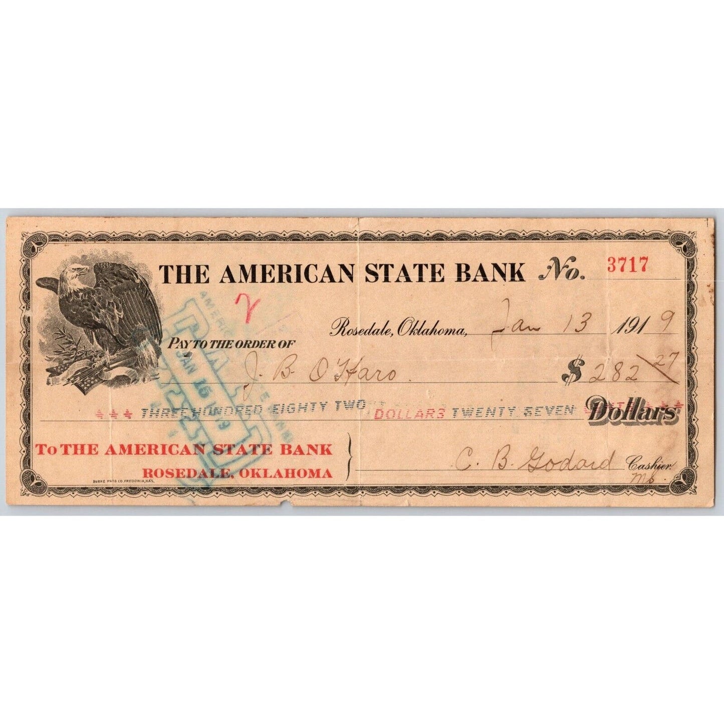 Rosedale Oklahoma Bank Check 1919 American State Bank - Eagle