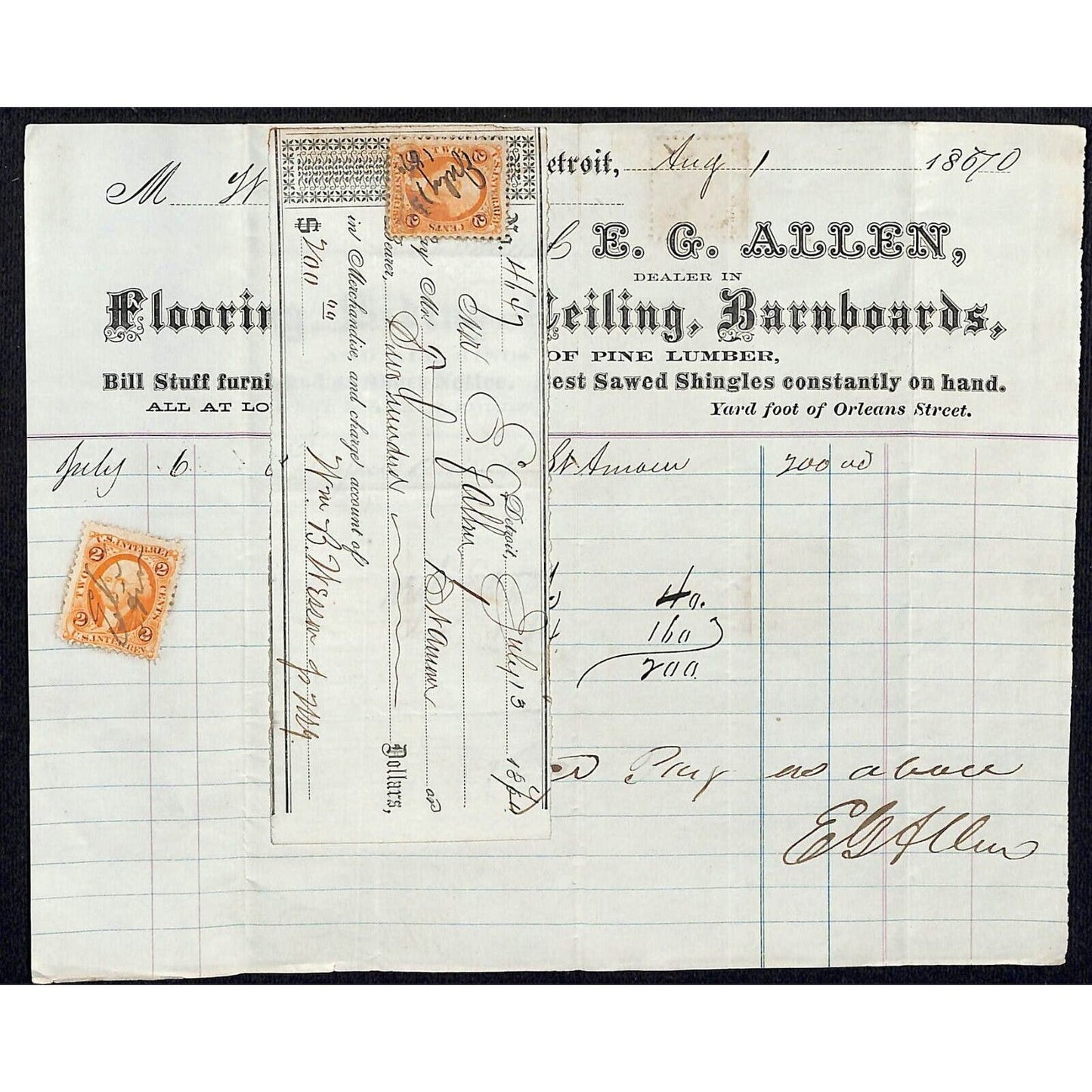 Detroit Letterhead E.G. Allen Flooring Siding Barnboards 1870 w/ 2 Rev Stamps