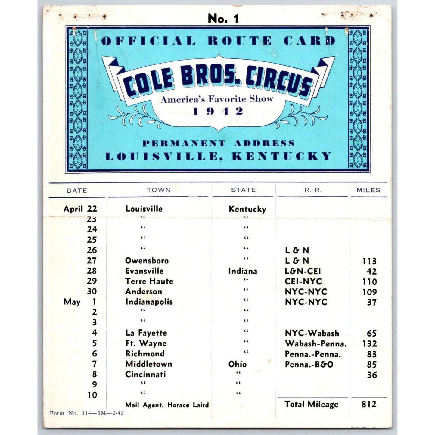 1942 Cole Bros Circus Route Card Illinois Iowa Kentucky