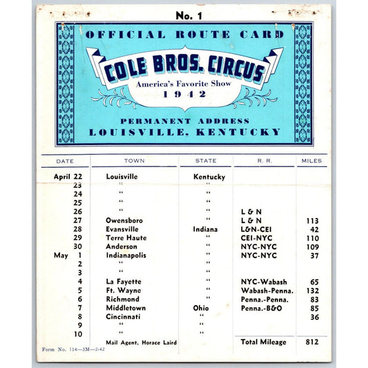 1942 Cole Bros Circus Route Card Illinois Iowa Kentucky