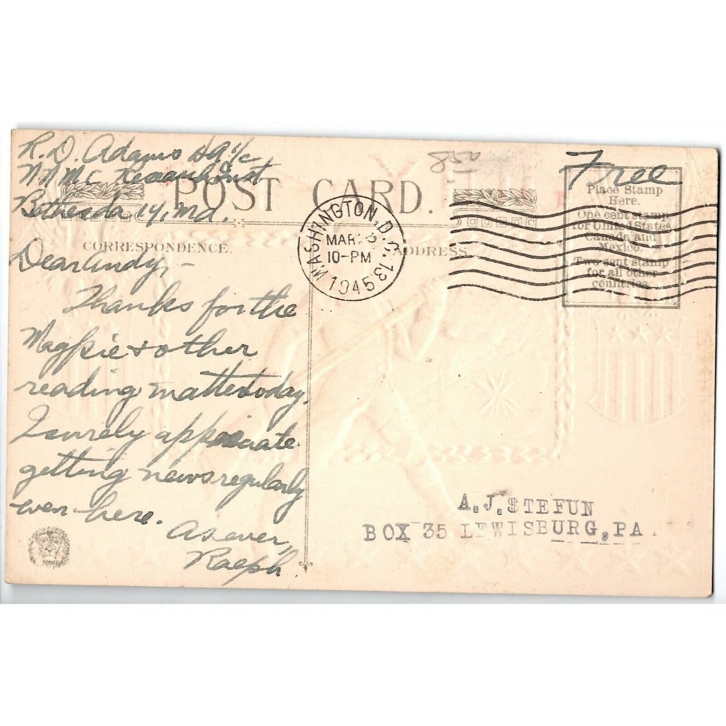 Vintage US Flag Eagle Stars Soldier Patriotic Postcard 1945 Embossed Gilt
