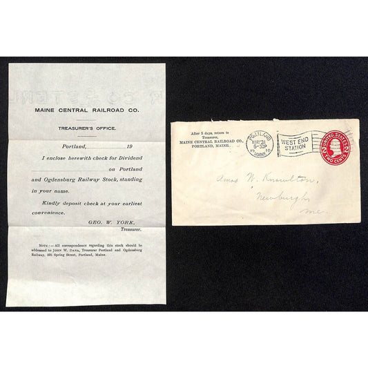 Newburgh, ME Amos W. Knowlton* 1910 Maine Central Railroad Unused Payment Form