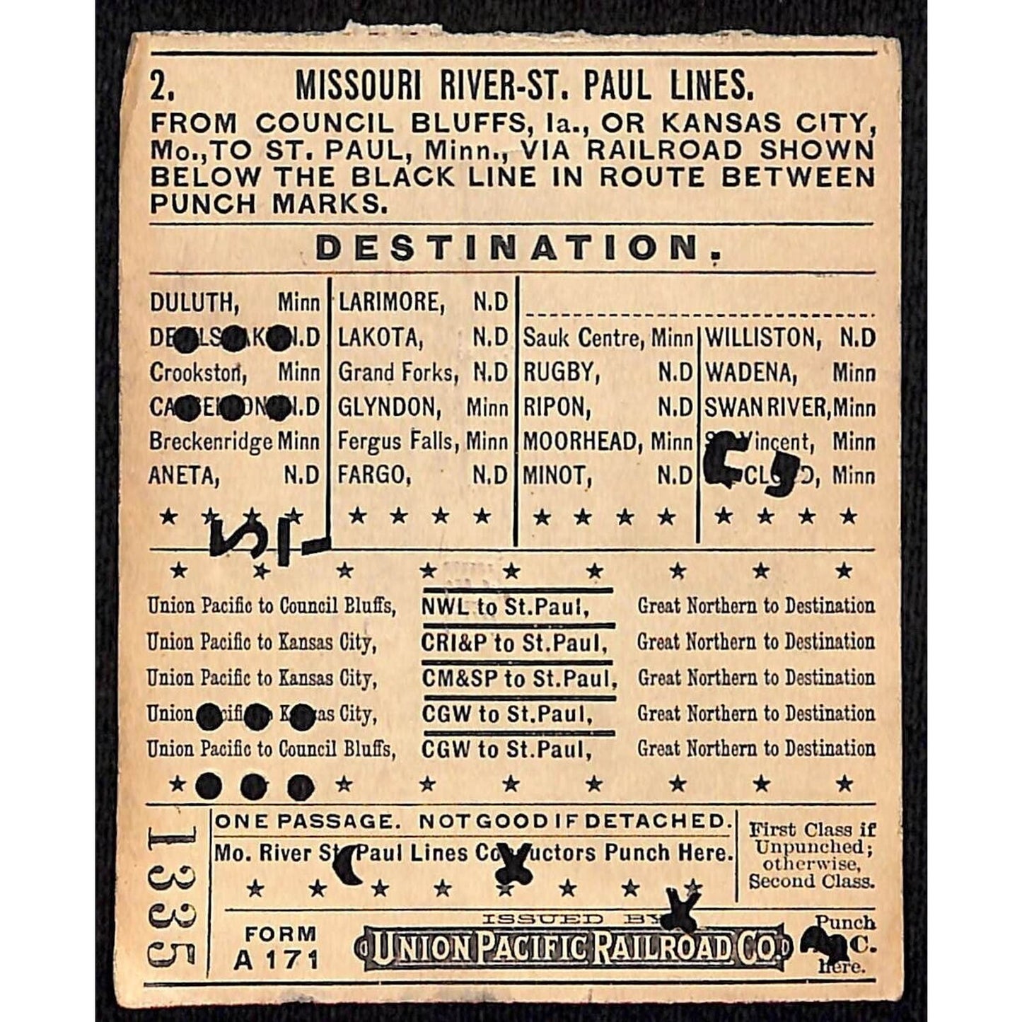 1912 Union Pacific Railroad Ticket Missouri River St. Paul Council Bluffs #1335