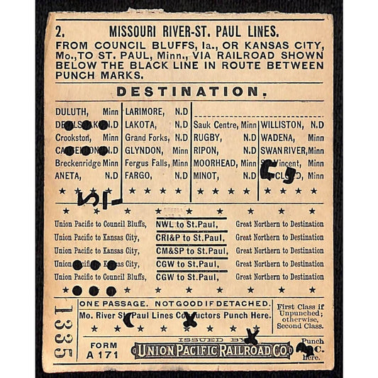 1912 Union Pacific Railroad Ticket Missouri River St. Paul Council Bluffs #1335