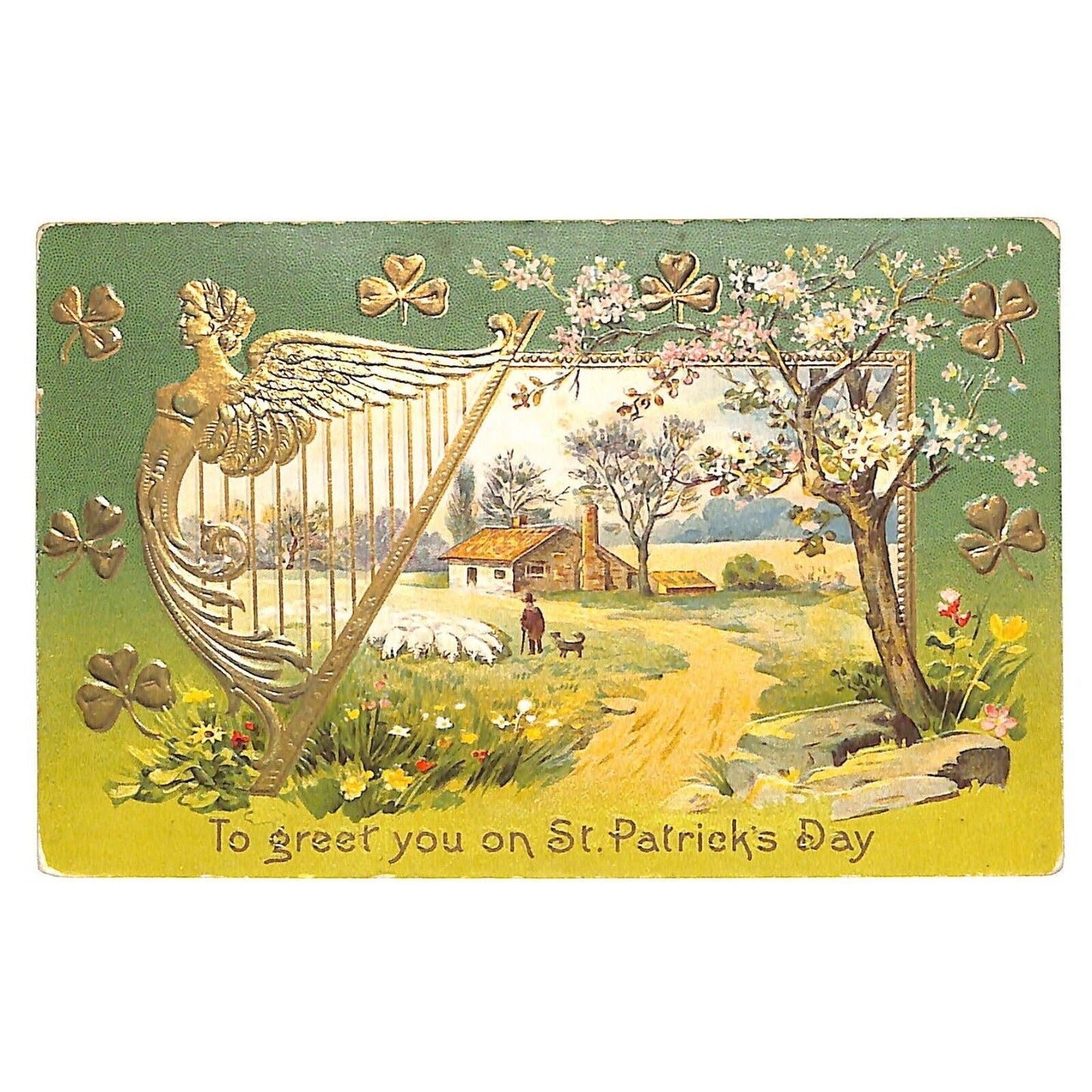 St. Patrick's Day Postcard Harp Clover Outdoors Home Scene Gilt Embossed PM 1912
