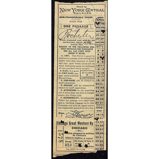 1920 New York Central Railroad Ticket to Rochester, MN #1578 - 6 1/2"
