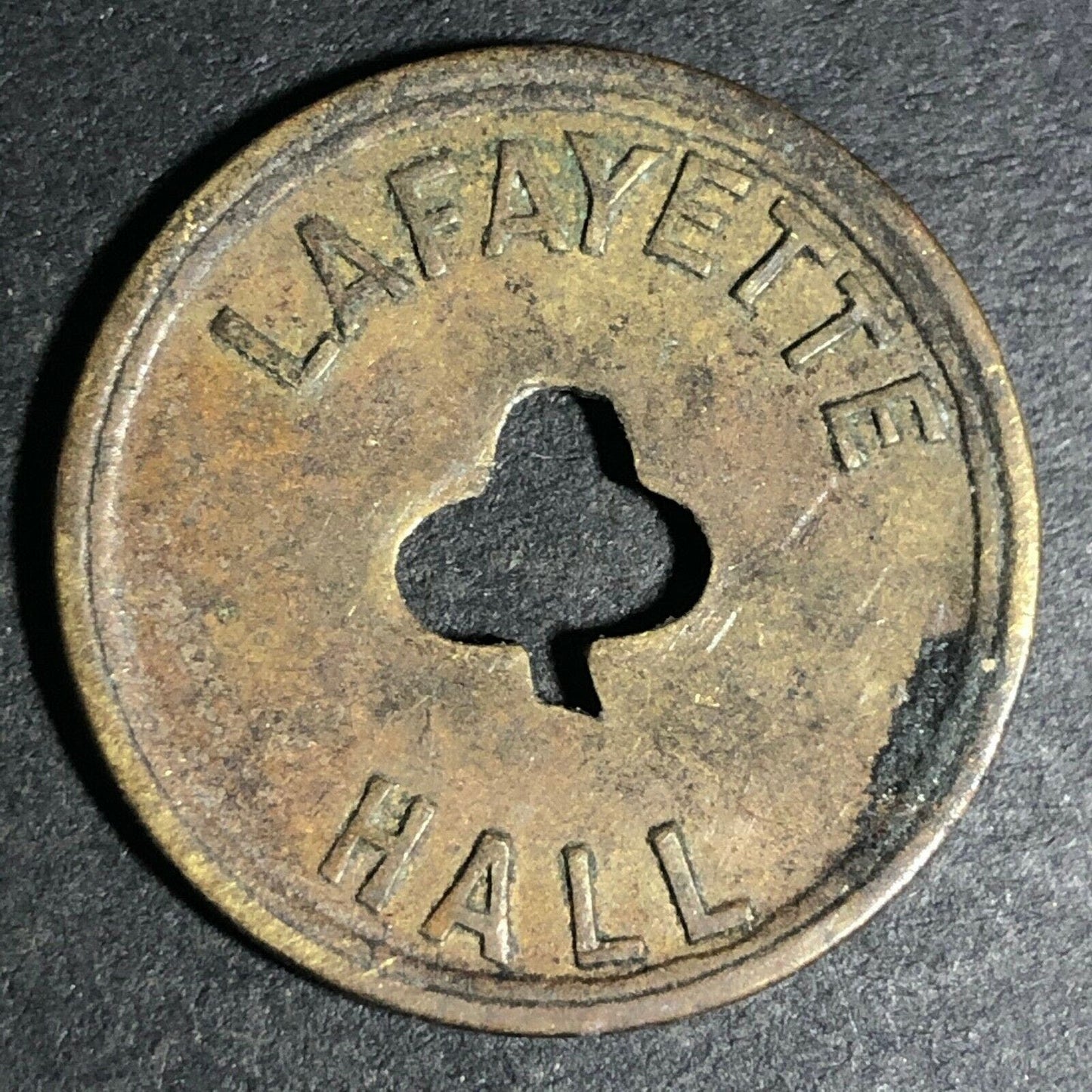 24.5mm Brass Lafayette Hall (Saloon Sacramento, CA) Token Clover Shamrock (#42)