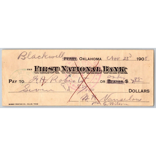 Blackwell / Perry, OK 1908 FNB Bank Check - Scarce