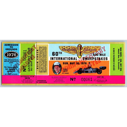 1976 Indy 500 Complementary Employee Full Ticket #61 - Ron Burton Estate