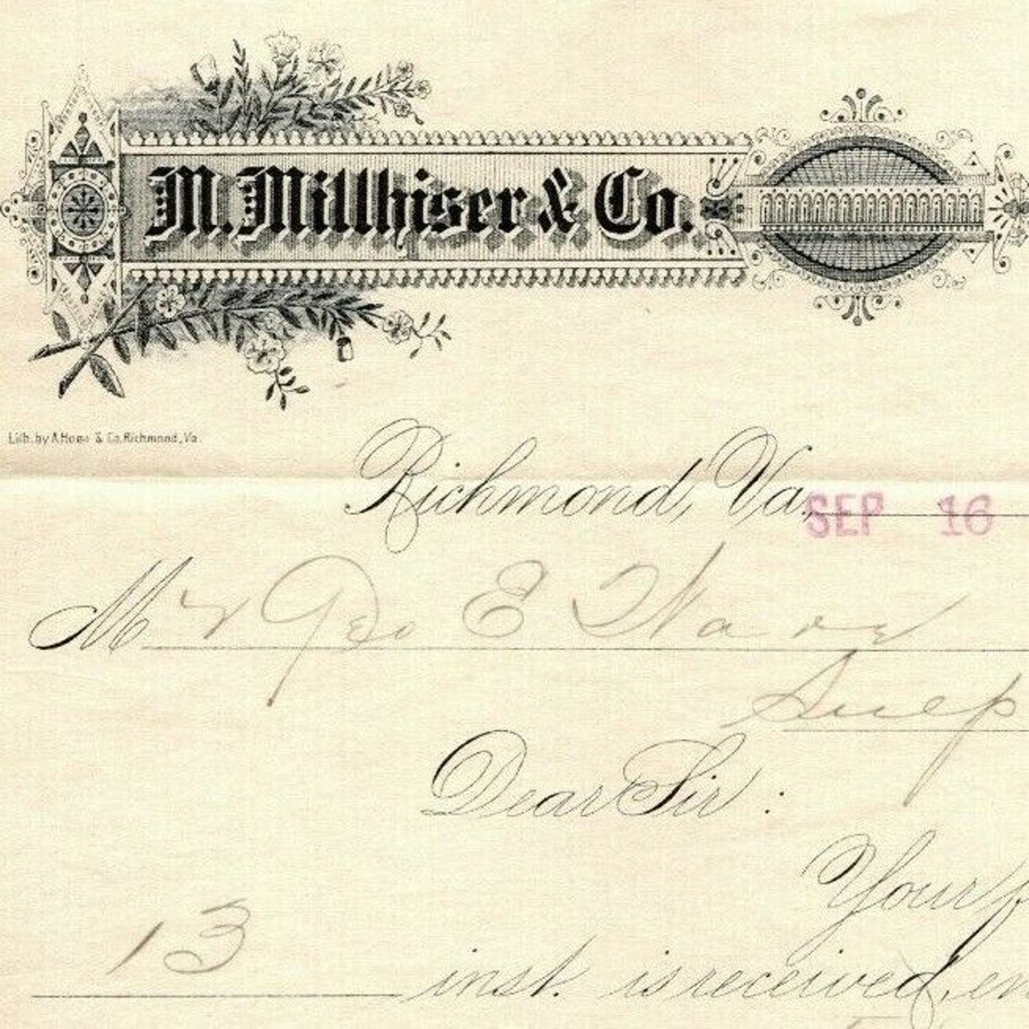 Millhiser Rd M. Millhiser & Co. -Tobacco Bags- Letterhead Richmond, VA to: Geo. E ...
