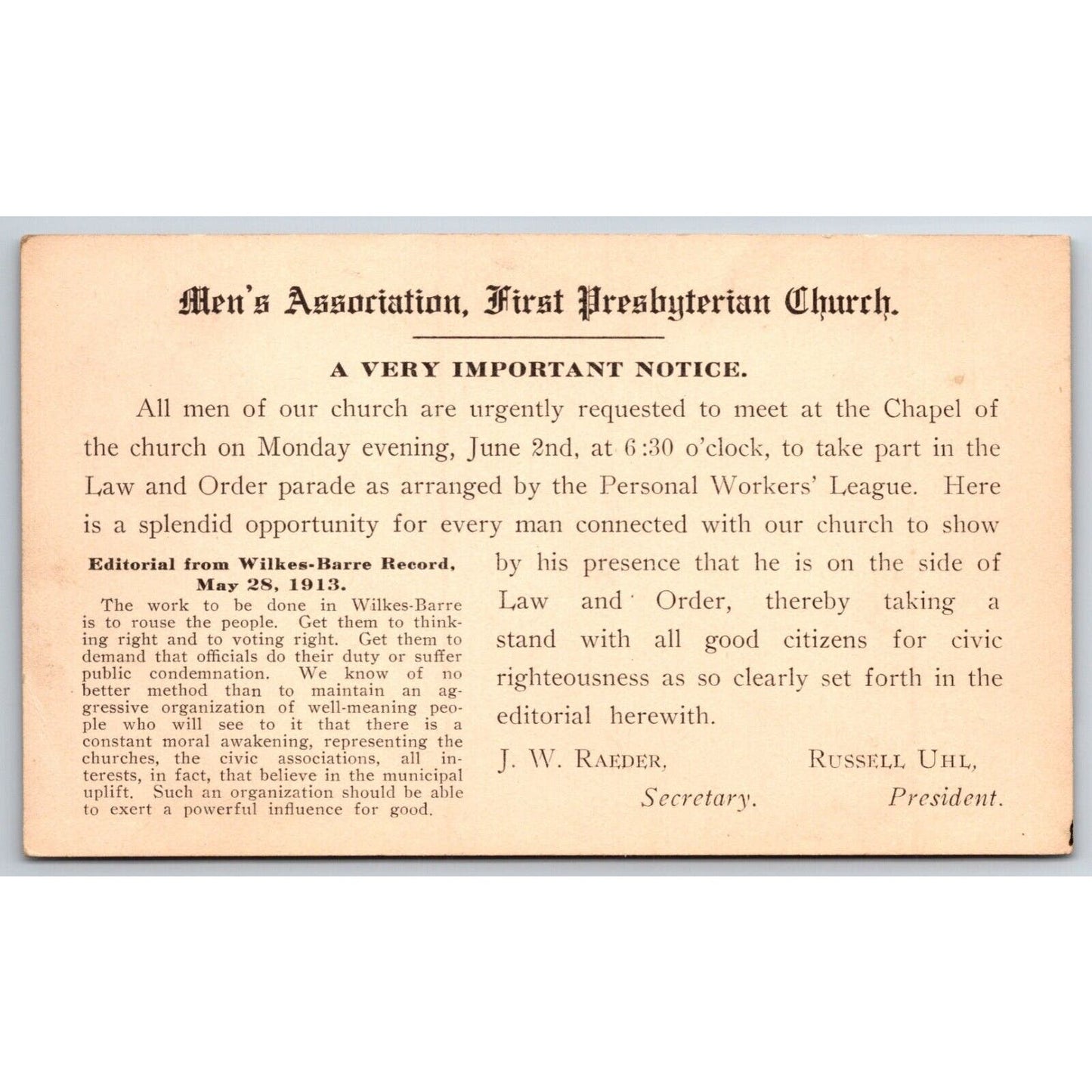 Men's Association First Presbyterian Church Meeting Notice Postcard 1913 VGC