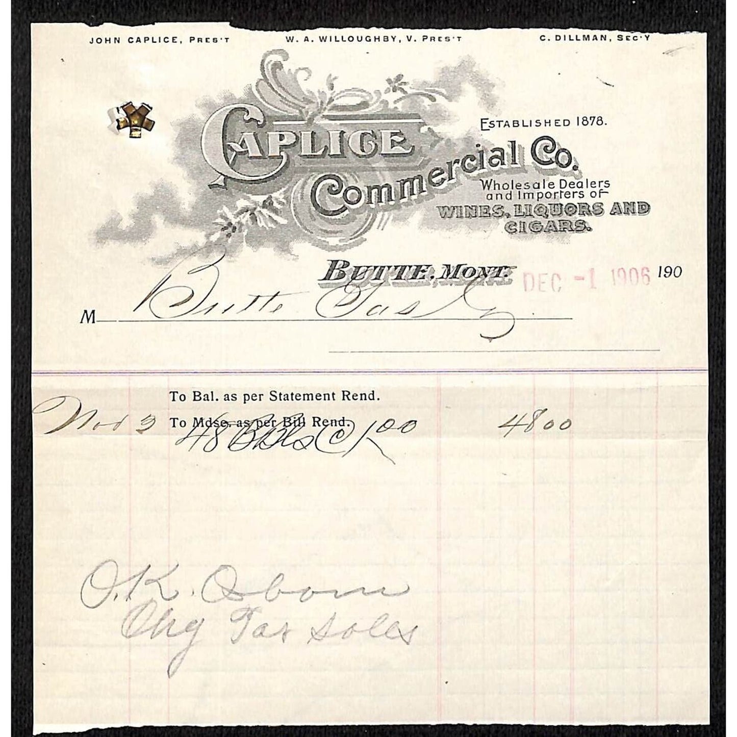 Butte, MT Caplice Commercial Co. Wines Liquors Cigars 1906 Billhead