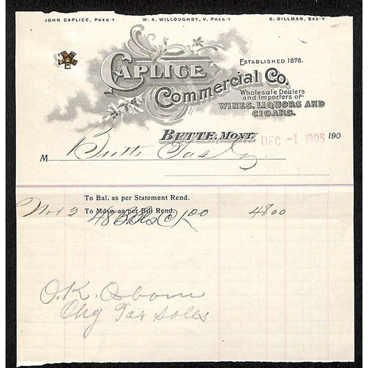 Butte, MT Caplice Commercial Co. Wines Liquors Cigars 1906 Billhead