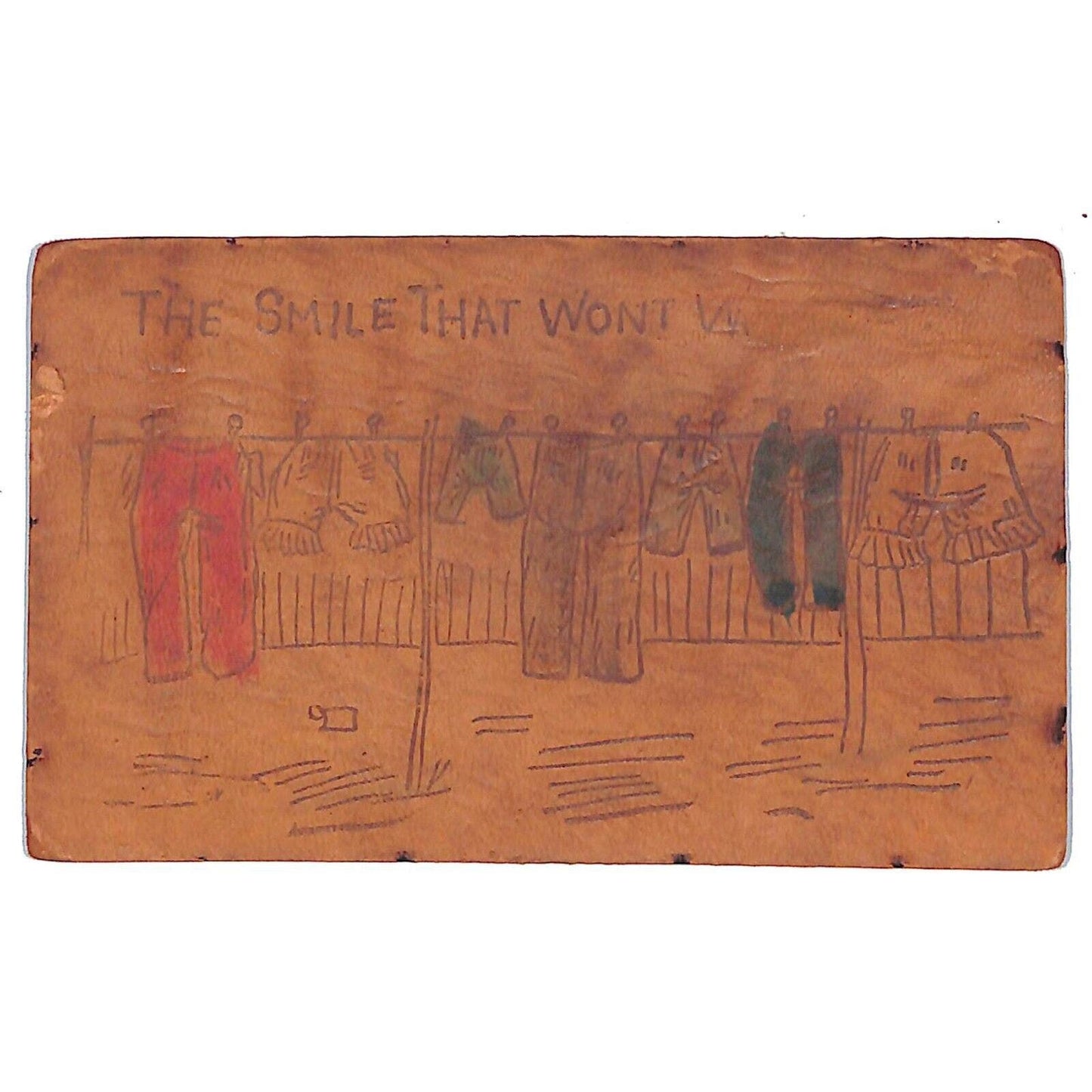 Funny Leather Postcard "The Smile That Won't Wash Out?" Cheeky Clothesline Humor