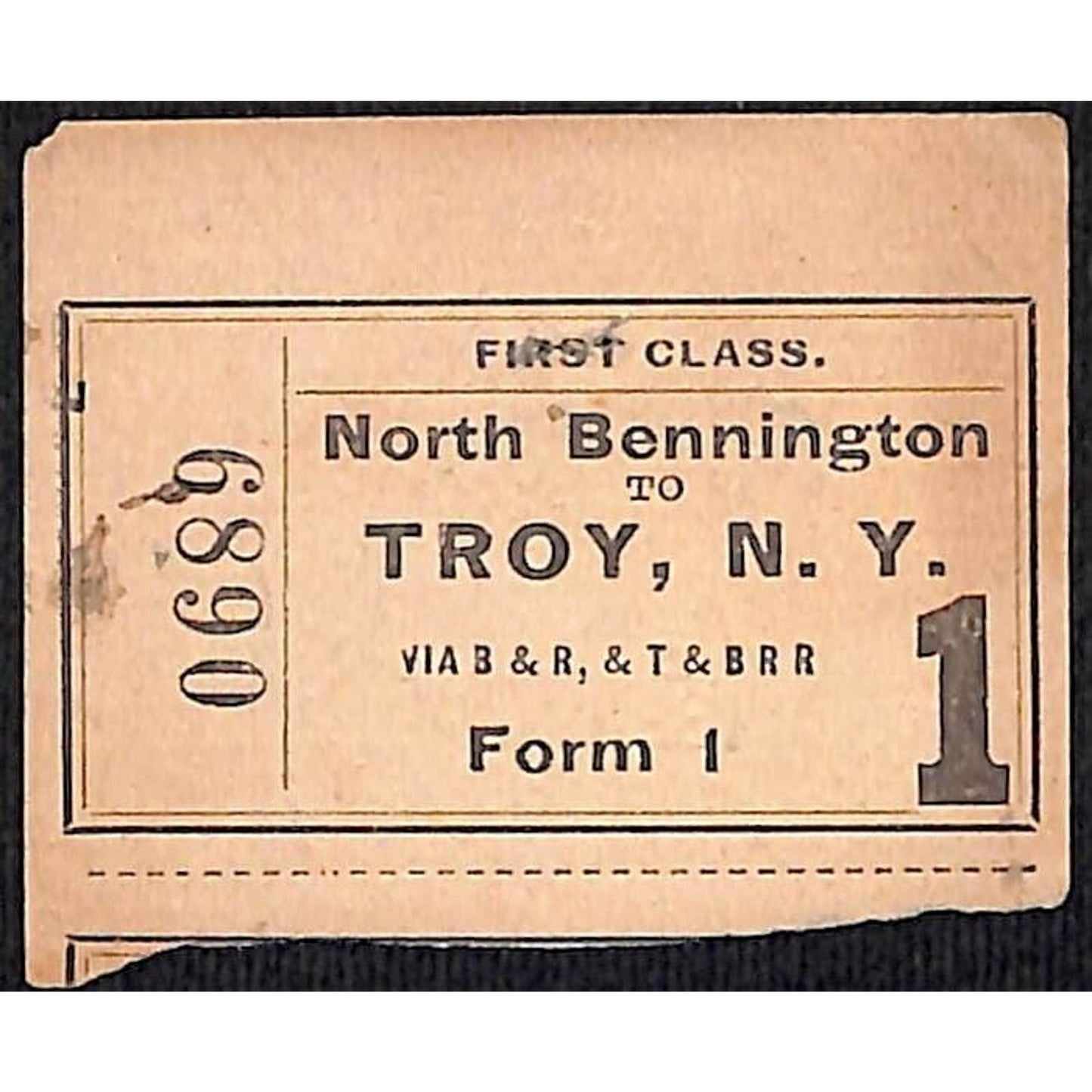 1884 Bennington & Rutland, Troy & Boston Railroad Ticket to Troy NY #6890 Scarce