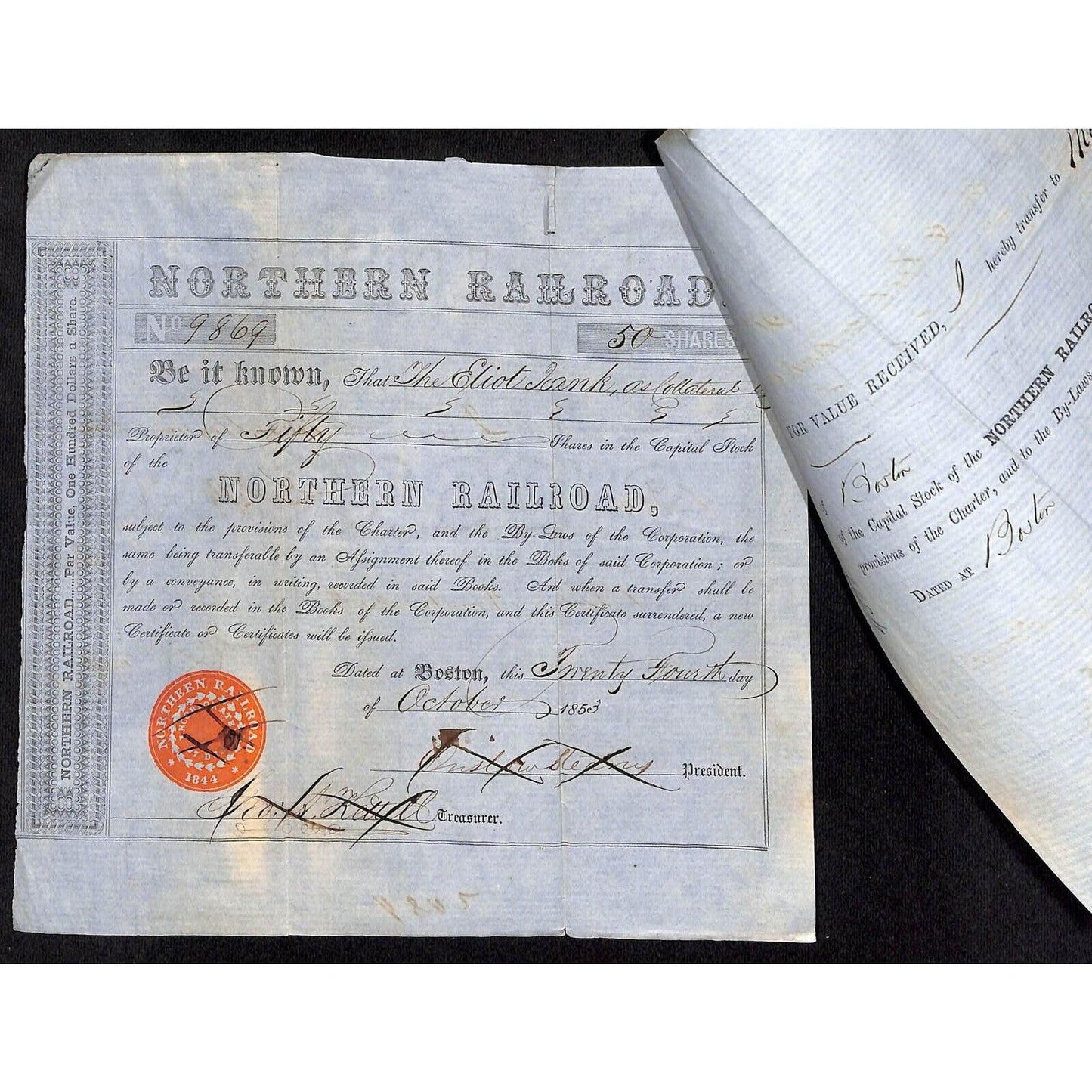 2 Affixed 1853 Northern Railroad Stock Certificates "The Eliot Bank" Boston