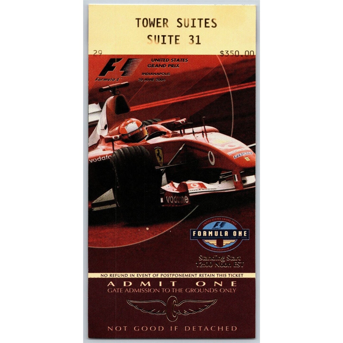 2004 Indianapolis Formula One Grand Prix Racing Race Day - Unused Tower Ticket