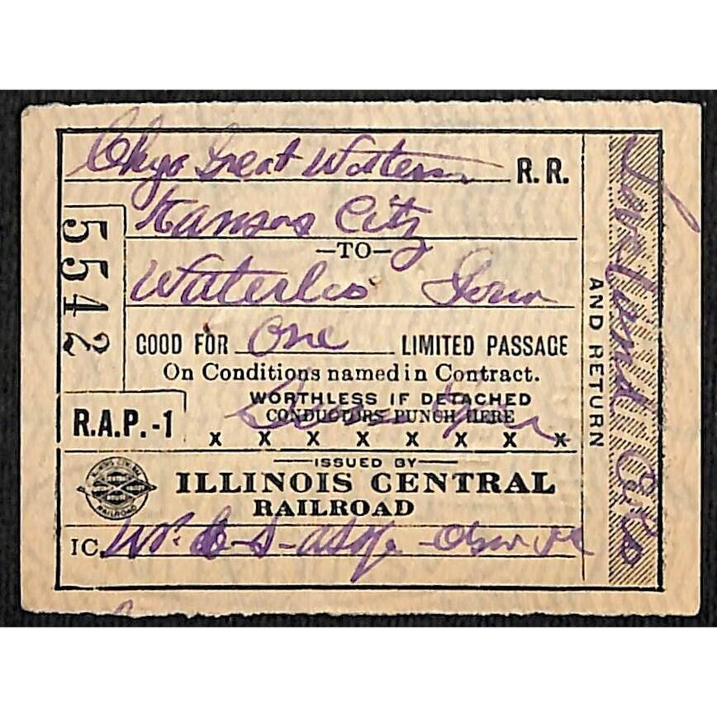 Illinois Central Railroad 1919 Ticket Kansas City to Waterloo #5542