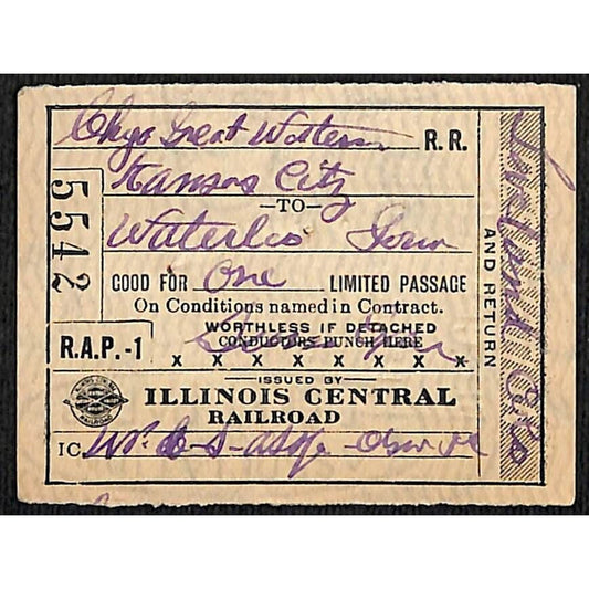 Illinois Central Railroad 1919 Ticket Kansas City to Waterloo #5542