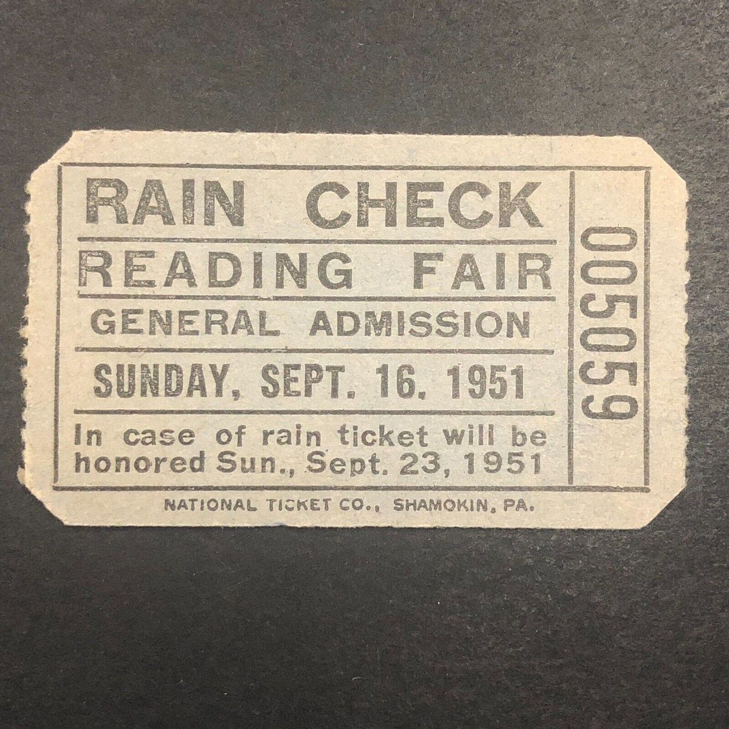 Reading Fair 1951 Bobby Barker Auto Racing Rain Check Ticket 5059 Scarce
