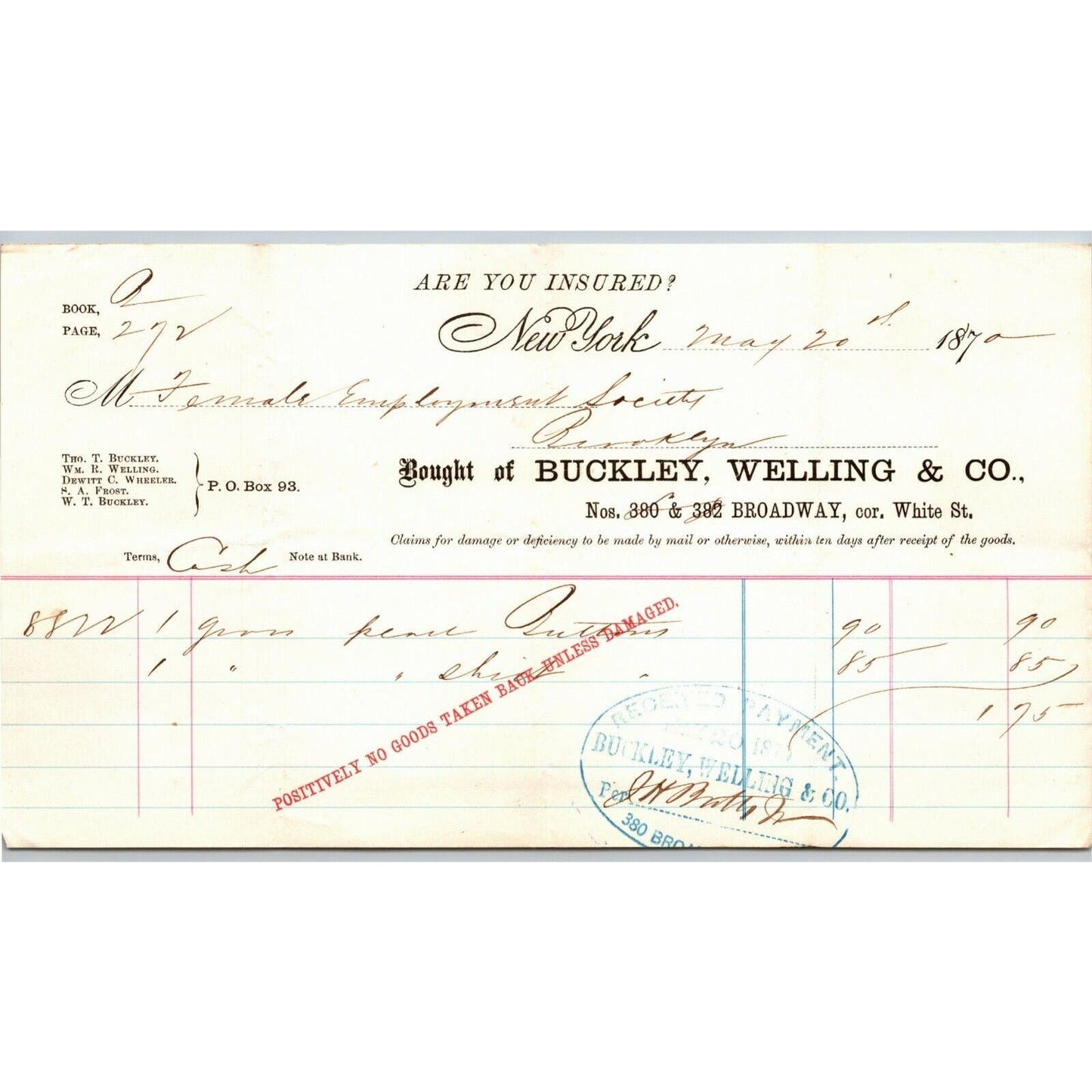 1870 Buckley, Welling & Co. Billhead Letterhead White St. Broadway NYC