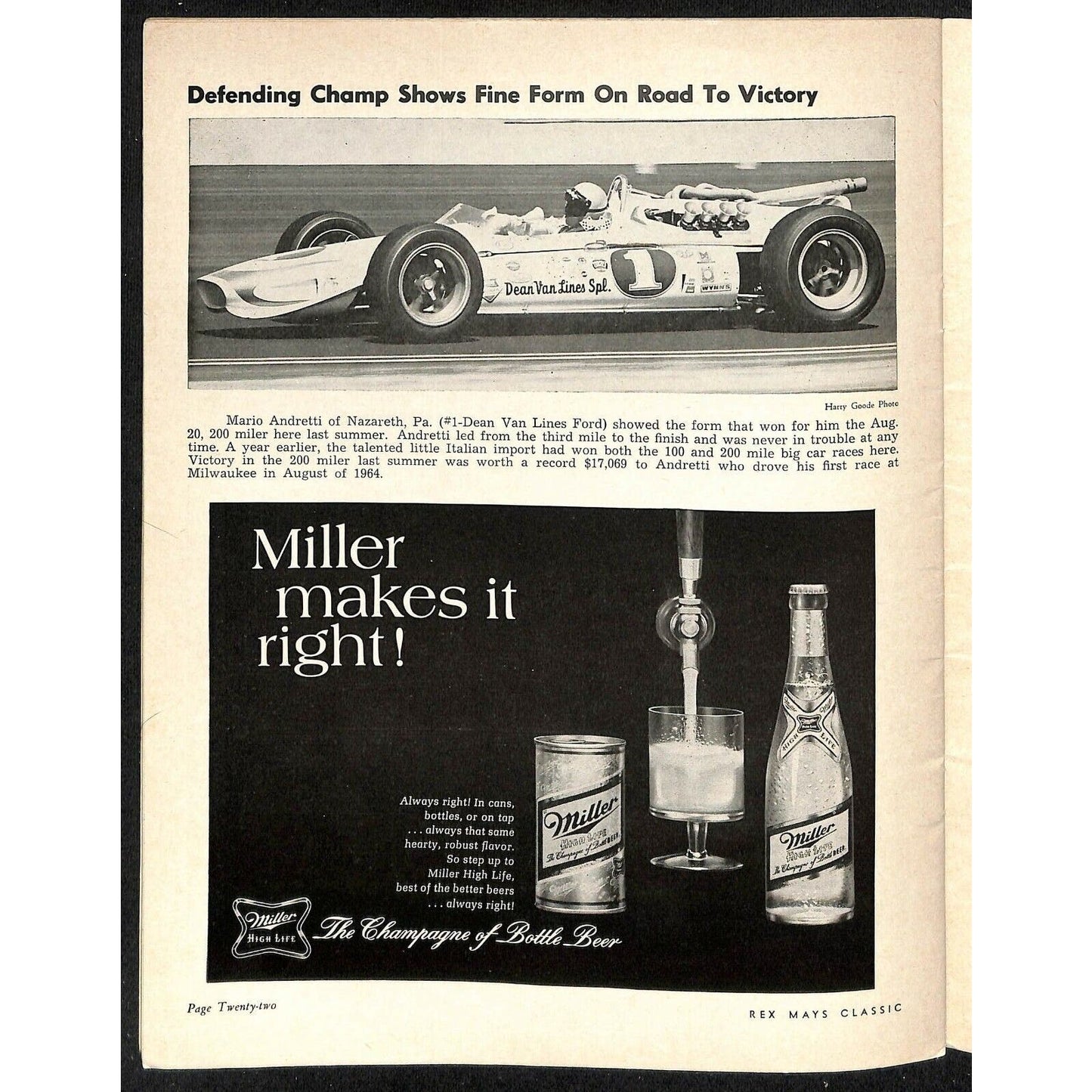 Scarce Jun 9 1968 USAC Rex Mays Classic Auto Racing Program Wisconsin Speedway