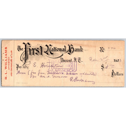 Durant, OK 1903 Indian Territory R.L Williams Attorney FNB Bank Check - Scarce