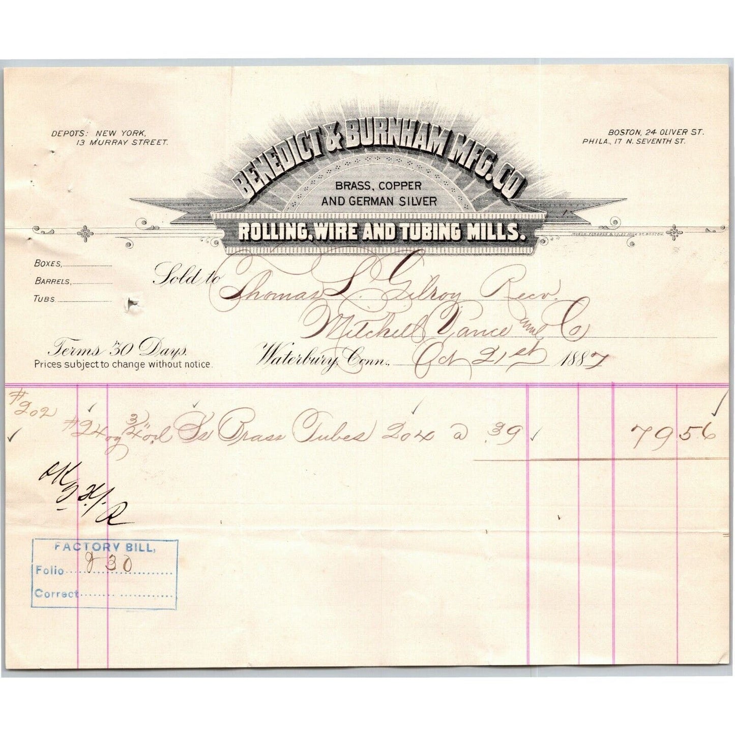 1887 "Benedict & Burnham Mfg. Co" Silver Billhead Letterhead Waterbury CT