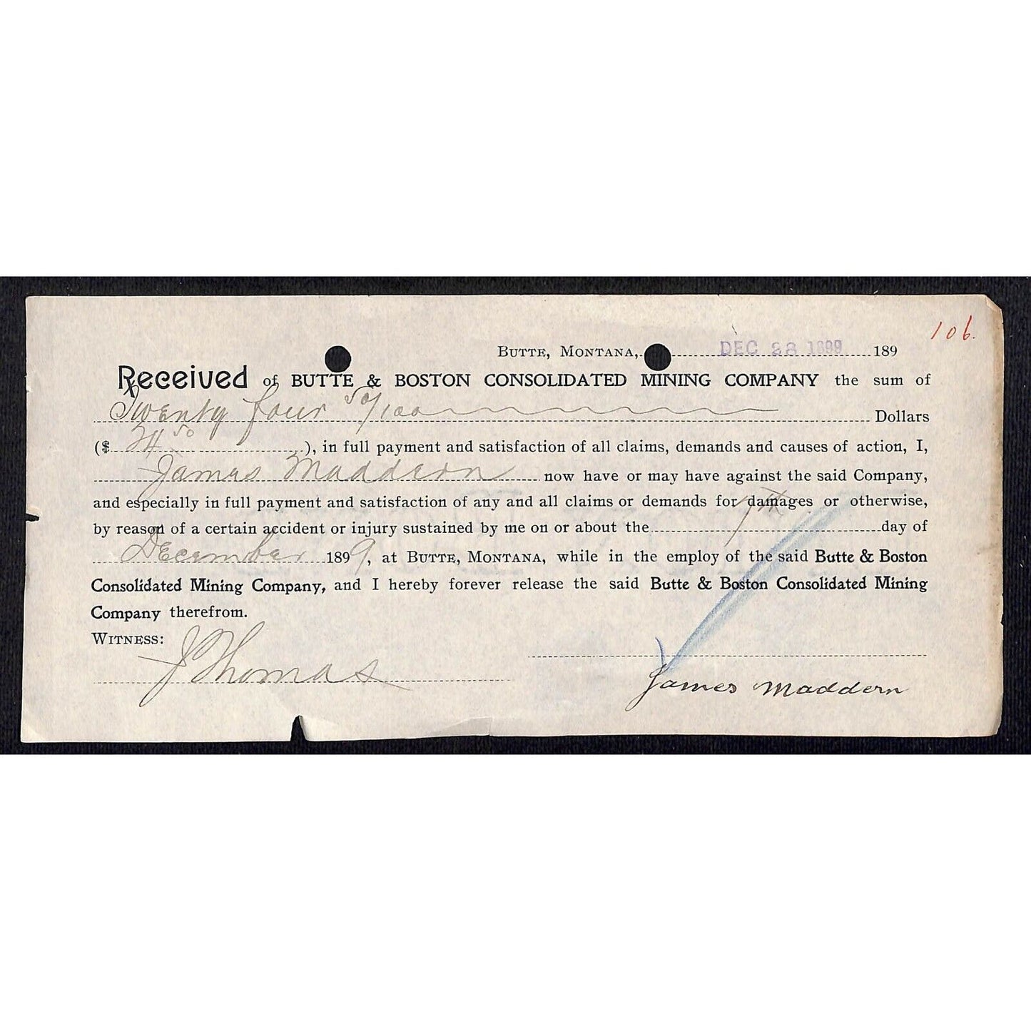 Butte & Boston Consolidated Mining Company 1899 Accident Claim Liability Release
