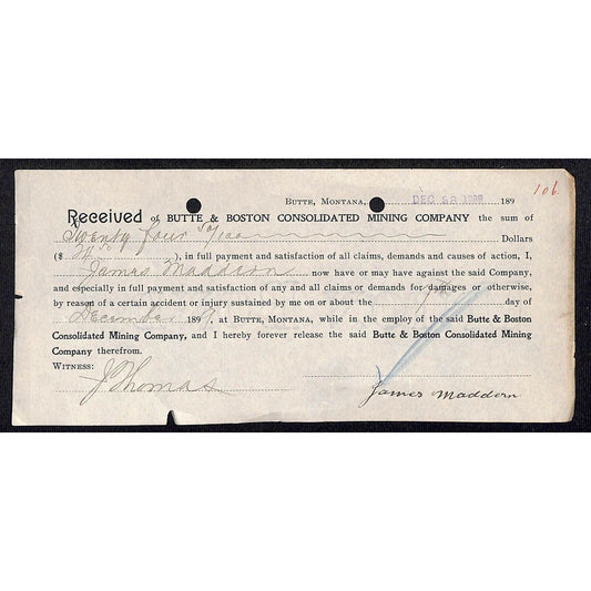 Butte & Boston Consolidated Mining Company 1899 Accident Claim Liability Release