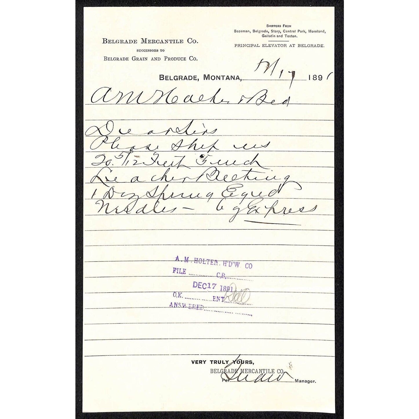 Belgrade, MT Belgrade Mercantile Co. 1891 Billhead Letterhead VGC